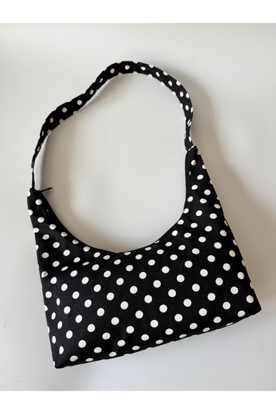 NİSNİS Puantiye Desenli Y2K Baguette Omuz Çantası – Siyah Beyaz Fermuarlı Gün...