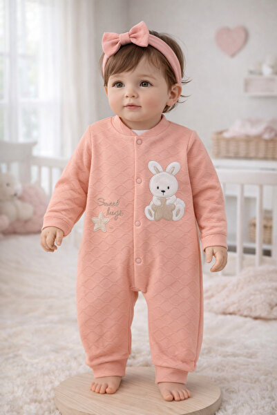 DREAMERS TAVŞAN NAKIŞLI JAKARLI YUMUŞAK PAMUKLU KIZ BEBEK TULUM