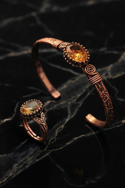 Otto Man Steel Jewelry Kadın Bakır Bileklik Yüzük Set Zultanit Mekik Ağaç Kab...