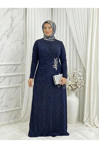 Butik büyük beden Kendinden Simli Önü Taşlı Lüks Abiye