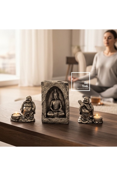 77 Buda Figürlü 3'lü Mumluk Seti, Meditasyon Temalı Dekoratif Obje, Ev Hediye...