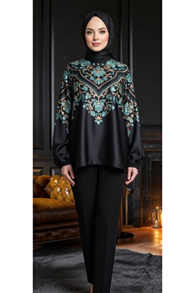 Muslima Wear بلوزة الياسمين ذات النمط الورقة الذهبية السوداء