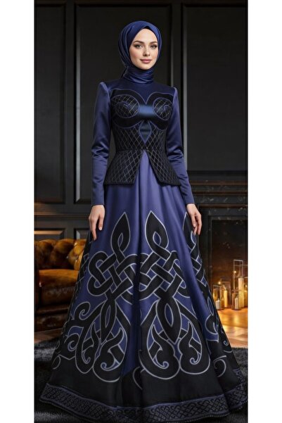 Muslima Wear تنورة شيفون حريرية منقوشة باللون الأزرق والأسود