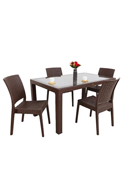 Mandella Elit Rattan 90x150 4 kişilik Elit Sandalye Camlı Masa Takımı Kahverengi