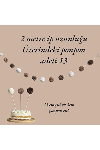 Partifabrik Kahve Tonlar Retro Sıralı Ponpon Süs ve Pasta Süsü Parti Seti