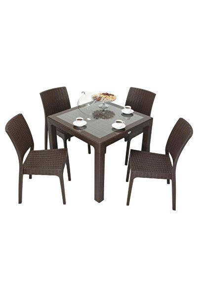 Mandella Elit Rattan 90x90 Elit Sandalye Camlı Masa Takımı KAHVERENGİ
