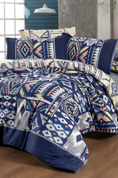 Sarev Gilya Mavi King Size (Battal Boy) %100 Pamuk Poplin Yıkamalı Çift Taraf...