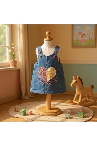 atishpoli Kız Çocuk Düğme Kapamalı Pul ve Nakış Kalp İşlemeli Kot Jile Elbise...