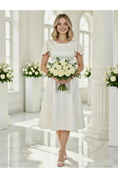 FaBe Fashion KAYIK YAKA KOLLARI VOLANLI SIRTI V MİDİ KREP ELBİSE Nikah-nişan-...