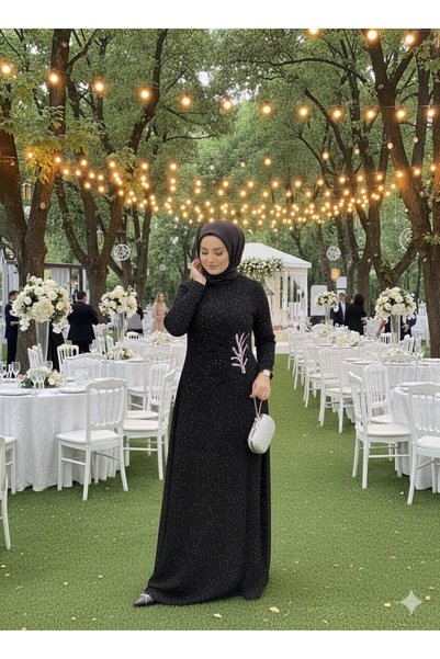 Butik büyük beden Luxury Evening Dress with Self-Glitter Stones on the Front