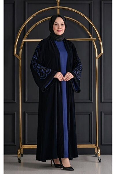 Muslima Wear Saks Mavisi Japon Kadife Oryantal Desen Kollar Nakış İşlemeli Bi...