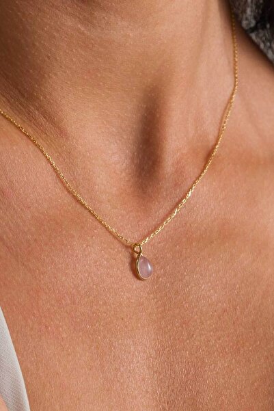 Uzel Takı Sanat Damla Pembe Kuvars Doğal Taş Kadın Gümüş Kolye