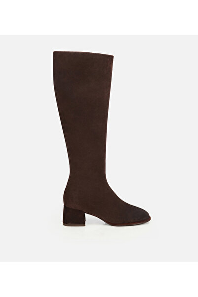 Hotiç Kadın Süet Deri Kahverengi Lastik Detaylı Düz Çizme