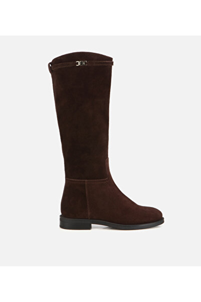 Hotiç Kadın Süet Deri Kahverengi Kemer Detaylı Düz Çizme