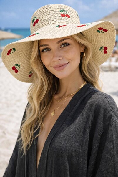 FELLMENS Bež trešnja Vezena široka slamnata ženska kapa