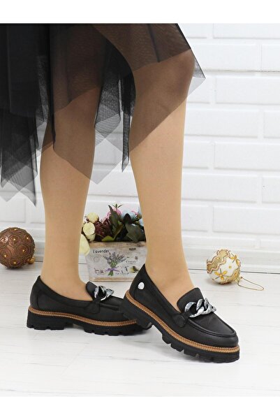 Mammamia D24KA 3185 Siyah Nubuk Hakiki Deri Zincirli Kadın Ayakkabı