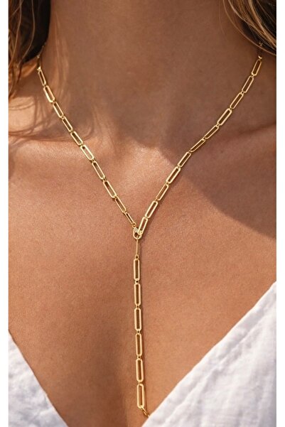 Vitastyle سلسلة مستطيلة ذهبية اللون مع تفاصيل مفصلة على شكل حرف Y، قلادة فولاذية