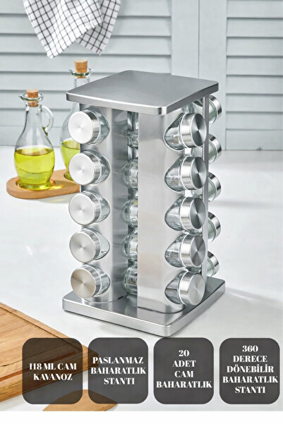 MAKRİ HOME 360 Dönebilen Paslanmaz Stantlı Cam Baharat Seti-20 Li Baharatlık-...