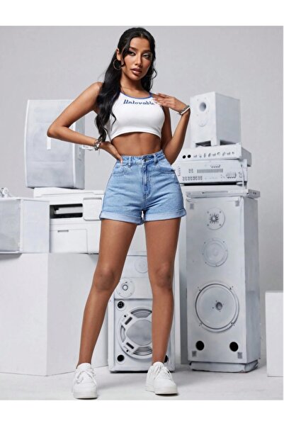 MARLİX Kadın Kot Şort Duble Paça Denim Likralı Toparlayıcı