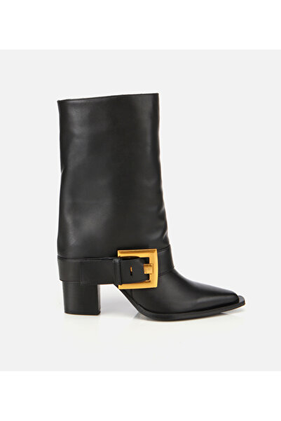 Hotiç Kadın Deri Siyah Pantolon Görünümlü Gold Tokalı Kalın Topuklu Bot