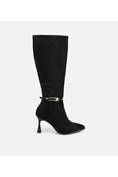 Hotiç Kadın Süet Siyah Tokalı İnce Topuklu Bot