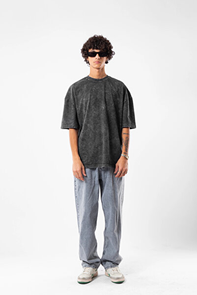 Sekizbiraltı Yıkamalı Siyah Basic Oversize Unisex Tshirt