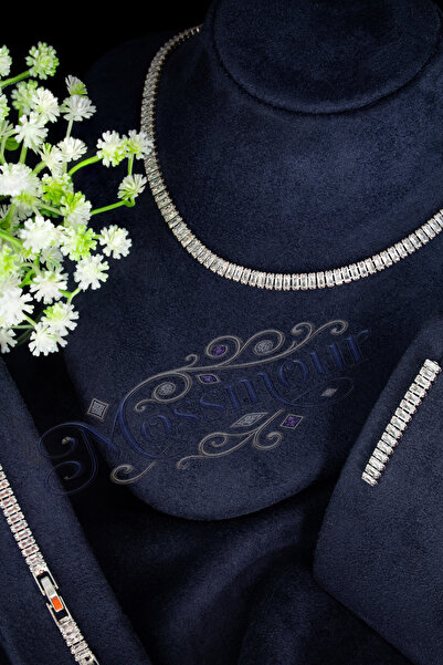 MOSSMOUR Kadın Gümüş Zirkon Baget Su Yolu Kolye Küpe Bileklik Kuyumcu Set Takım