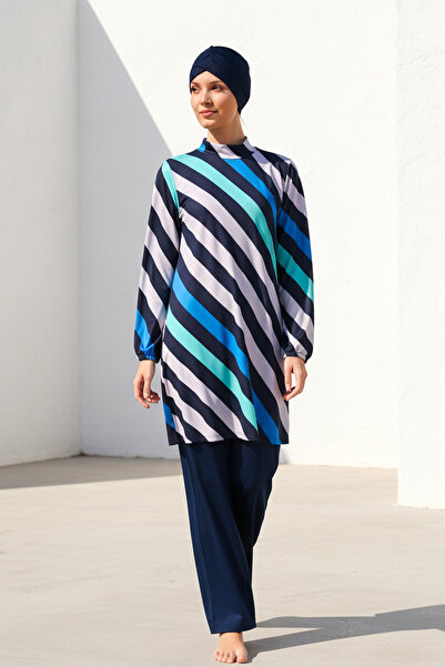 Marina 4-dielne plavky s tmavomodrými pruhmi a šnúrkami na viazanie, úplne za...