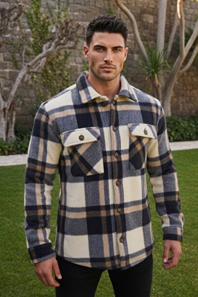 DOFİ Cămașă pentru bărbați cu model în carouri, cămașă Sherpa în interior