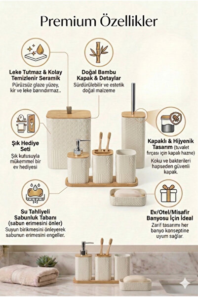 MAKRİ HOME Desenli 7 Parça Bambu Kapaklı ve Aksesuarlı Banyo Seti