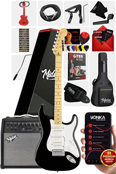 Midex Rph-40wb-50amp Siyah Beyaz 50w Şarjlı Bt Amfili Elektro Gitar Seti Hsh ...