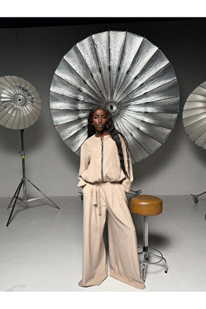 NYMPHA CLOTHING Costum Dama Elegant cu Jacheta Bomber si Pantaloni Palazzo Be...