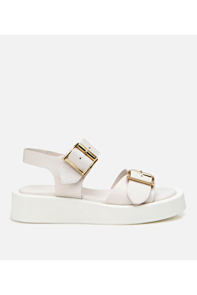 Hotiç Γυναικεία δερμάτινα φλατ σανδάλια εκρού με ζώνη