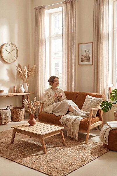 Zem Favela Bohem Çay Seti Natürel Ahşap, Hardal (1 ADET İKİLİ BERJER 1 ADET S...