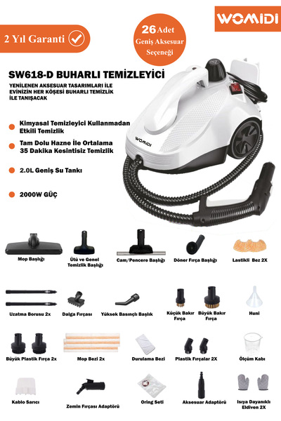 womidi SW618-D Çok Fonksiyonlu 28 Parça Buharlı Temizlik Makinesi - Buharlı Temizleyici