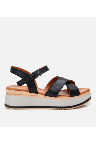 Hotiç Γυναικεία δερμάτινα μαύρα πέδιλα με τακούνι