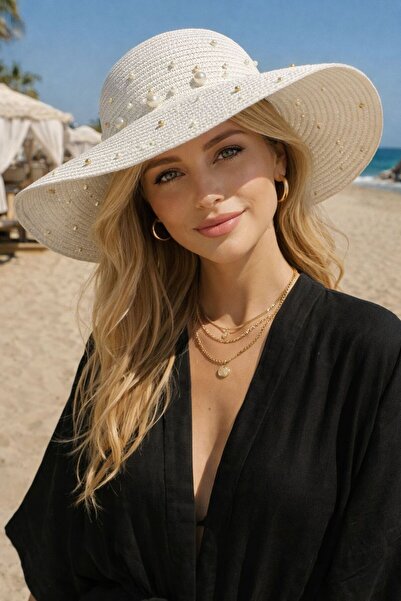 BALIENTE Pălărie de damă cu vizor de paie cu perle albe