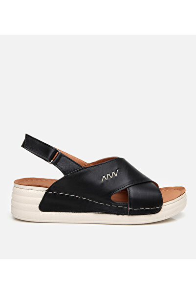 Hotiç Γυναικεία δερμάτινα μαύρα ρυθμιζόμενα πέδιλα Comfort