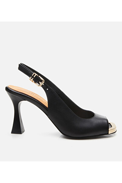 Hotiç Γυναικεία δερμάτινα μαύρα πέδιλα με τακούνι