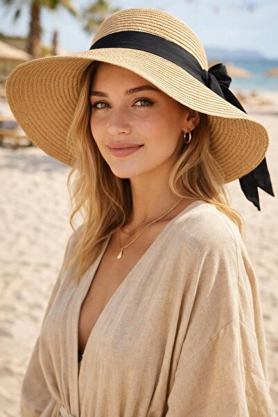 FELLMENS Pălărie de damă din paie lată cu fundă camel