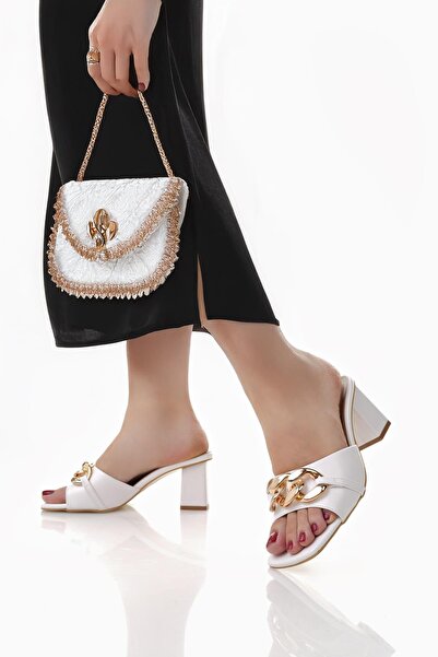 Nesil Shoes Papuci de damă Senyo 080 cu cataramă albă cu lanț