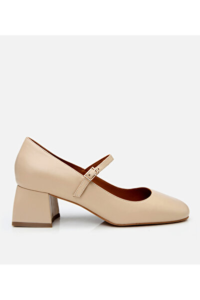 Hotiç Pantofi Mary Jane din piele bej cu toc gros