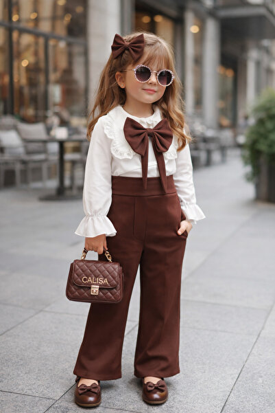 CALİSA Girl's Festive Outfit Set with Bow, Blouse and Pants, Stylish Combinat...