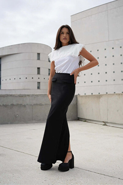 NYMPHA CLOTHING Fusta Maxi cu Crapatura, Neagra, Saturn S