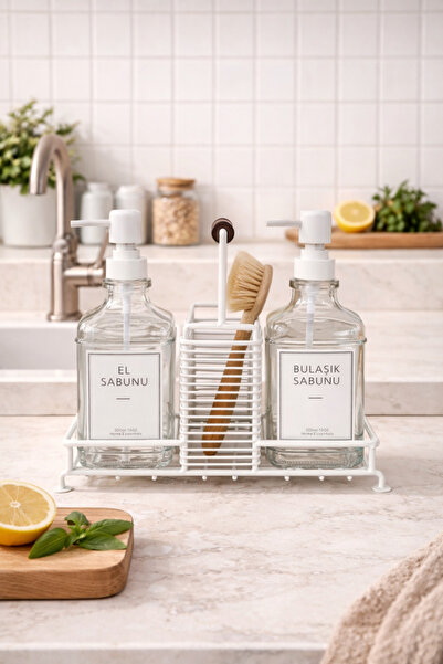 MAKRİ HOME Premium Stantlı Cam Sıvı Sabunluk & Deterjanlık Seti – İkili (Süng...