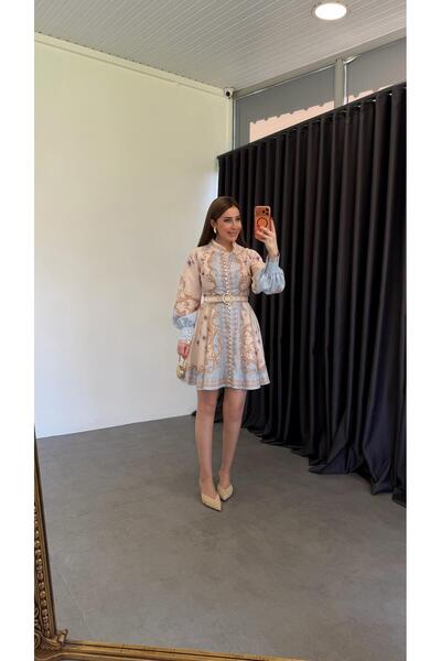 elif teke فستان ديجيتال فلاور مطبوع مكون من حزام قطع باللون الأزرق