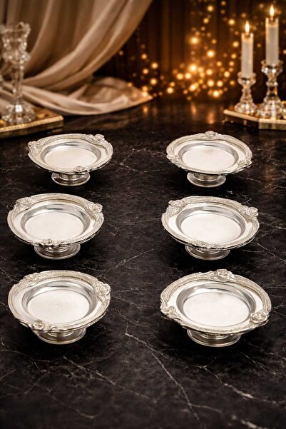 Ogeda Home, 6'lı Kahve Yanı Gümüş Lokumluk–Gümüş Gül Detaylı Dekoratif Lokuml...