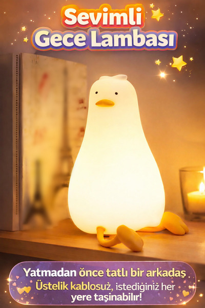 BENİMOLMALI Renkli Usb Şarj Edilebilir Ördek Gece Lambası, Silikon, Hediyelik...