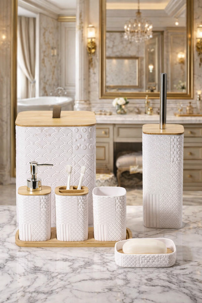 MAKRİ HOME طقم حمام من الخيزران مكون من 7 قطع مع أغطية وإكسسوارات