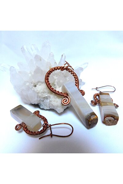 OEM Copper pendant and earring set, Ring, with natural agates